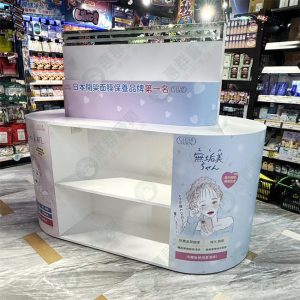 造型雙層圓弧形木作中島陳列台(含上方鏡+燈)