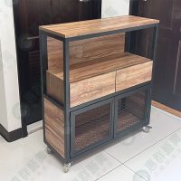 WS工業風多格造型黑框菱格網木底櫃陳列架-01