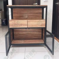 WS工業風多格造型黑框菱格網木底櫃陳列架-03