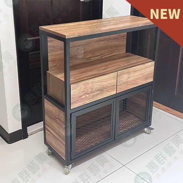 WS工業風多格造型黑框菱格網木底櫃陳列架-04